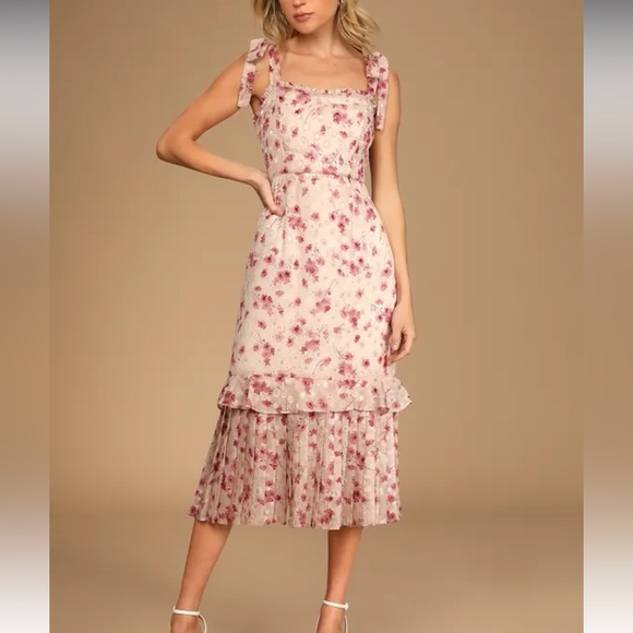 Lulus Terrace Views Taupe Floral Print Tiered Midi Dress - Picture 1 of 2